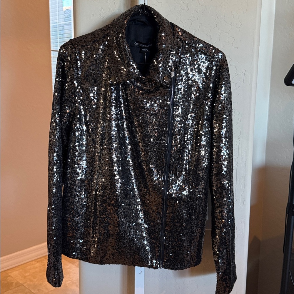 NWT COLLEEN LOPEZ SEQUIN BLACK MOTO JACKET WITH STRETCH AND POCKETS - Picture 7 of 10